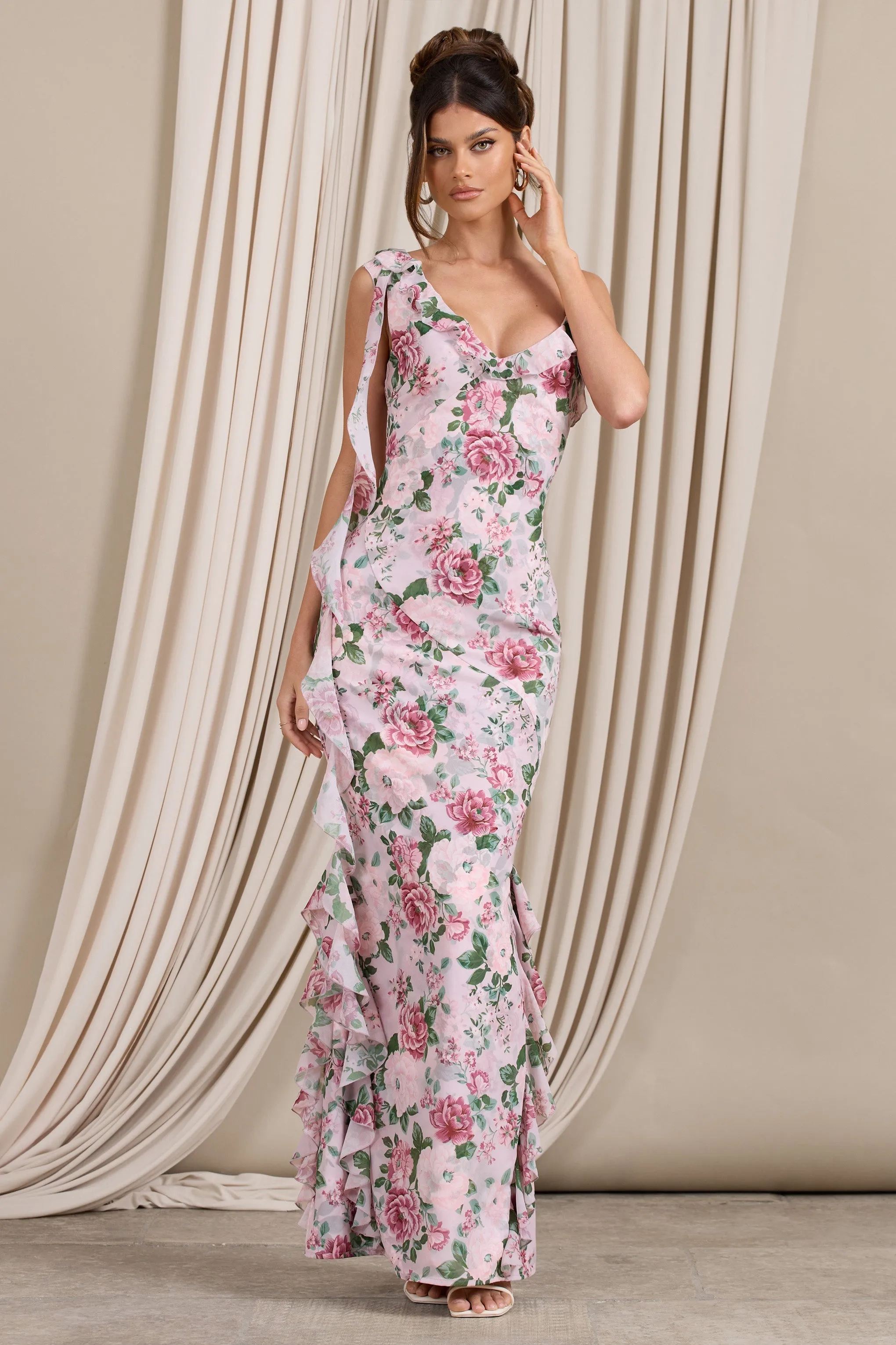 Leading Lady | Pink Floral Print Chiffon Asymmetric Ruffle Maxi Dress