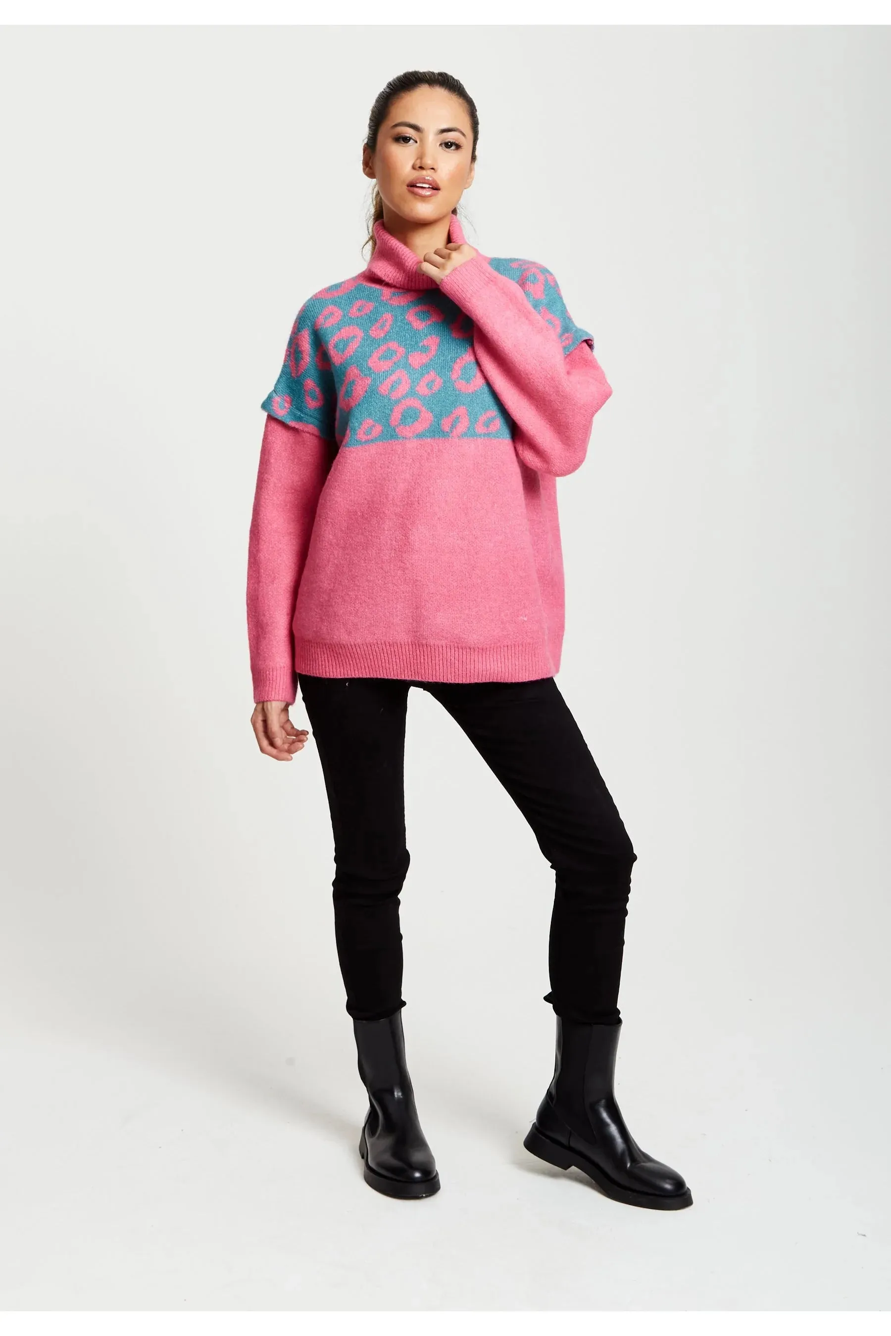 Liquorish Animal Pattern Roll Neck Jumper In Pink Turquoise