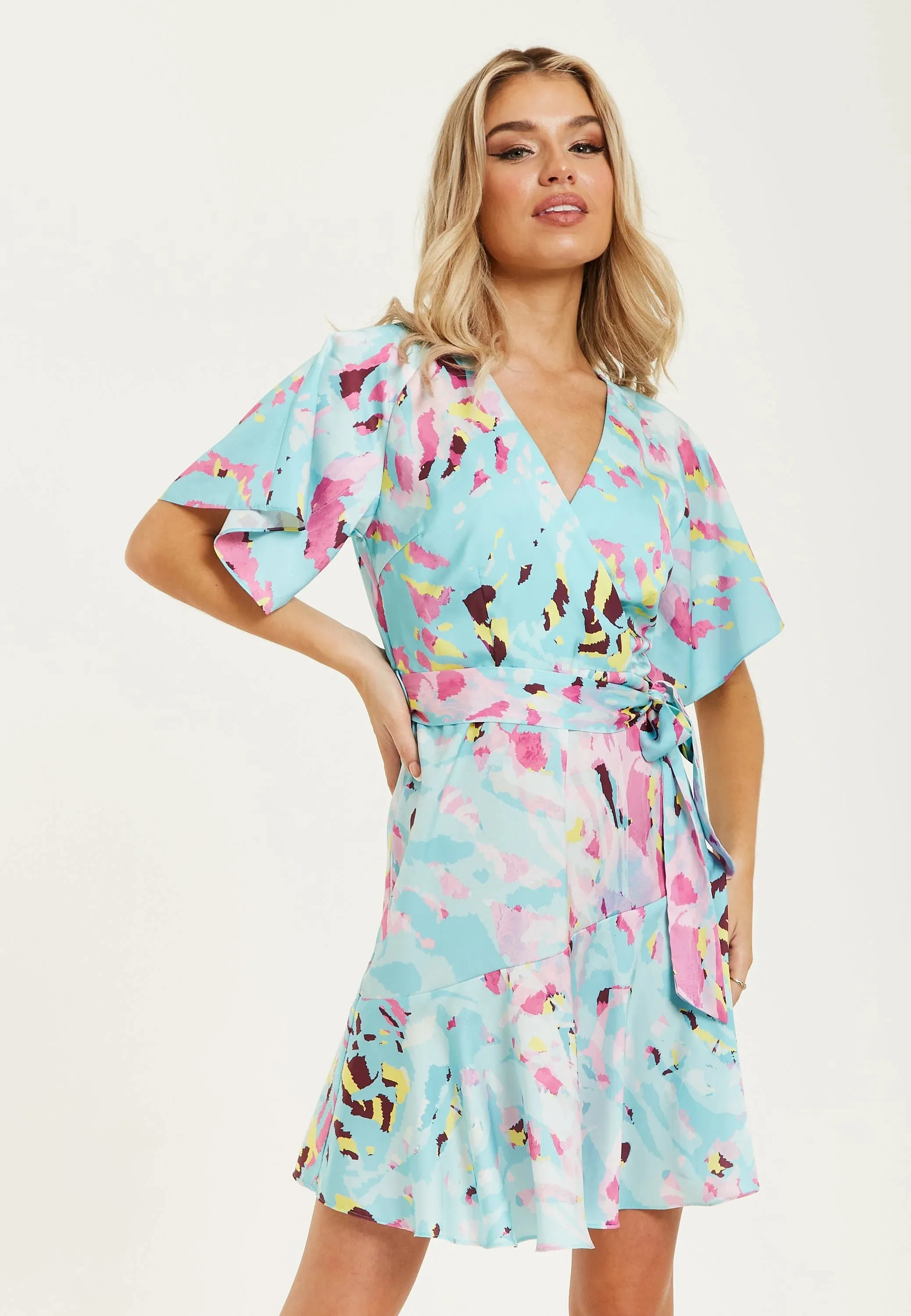 Liquorish Blue Abstract Print Mini Wrap Dress