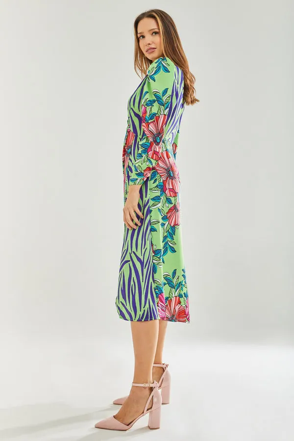 Liquorish Floral Animal Contrast Print Waist Wrap Midi Dress