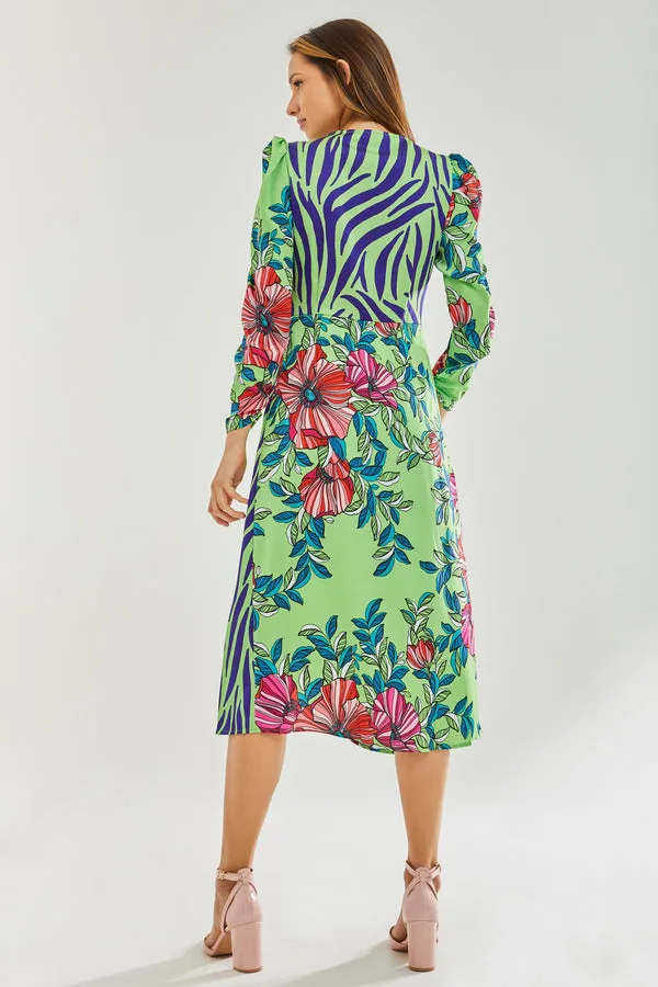 Liquorish Floral Animal Contrast Print Waist Wrap Midi Dress