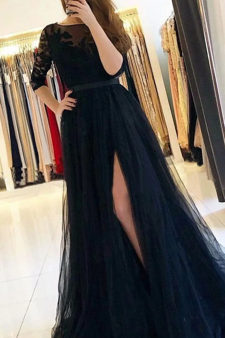 Long Sleeves A-Line Prom Dress with Lace Split