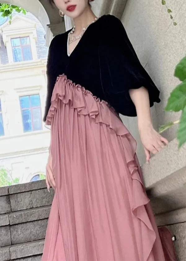 Loose Black Ruffled Patchwork Silk Velvet Dresses Puff Sleeve AB1062