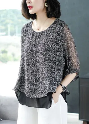 Loose Grey O Neck Chiffon Patchwork Top Bracelet Sleeve AB1007