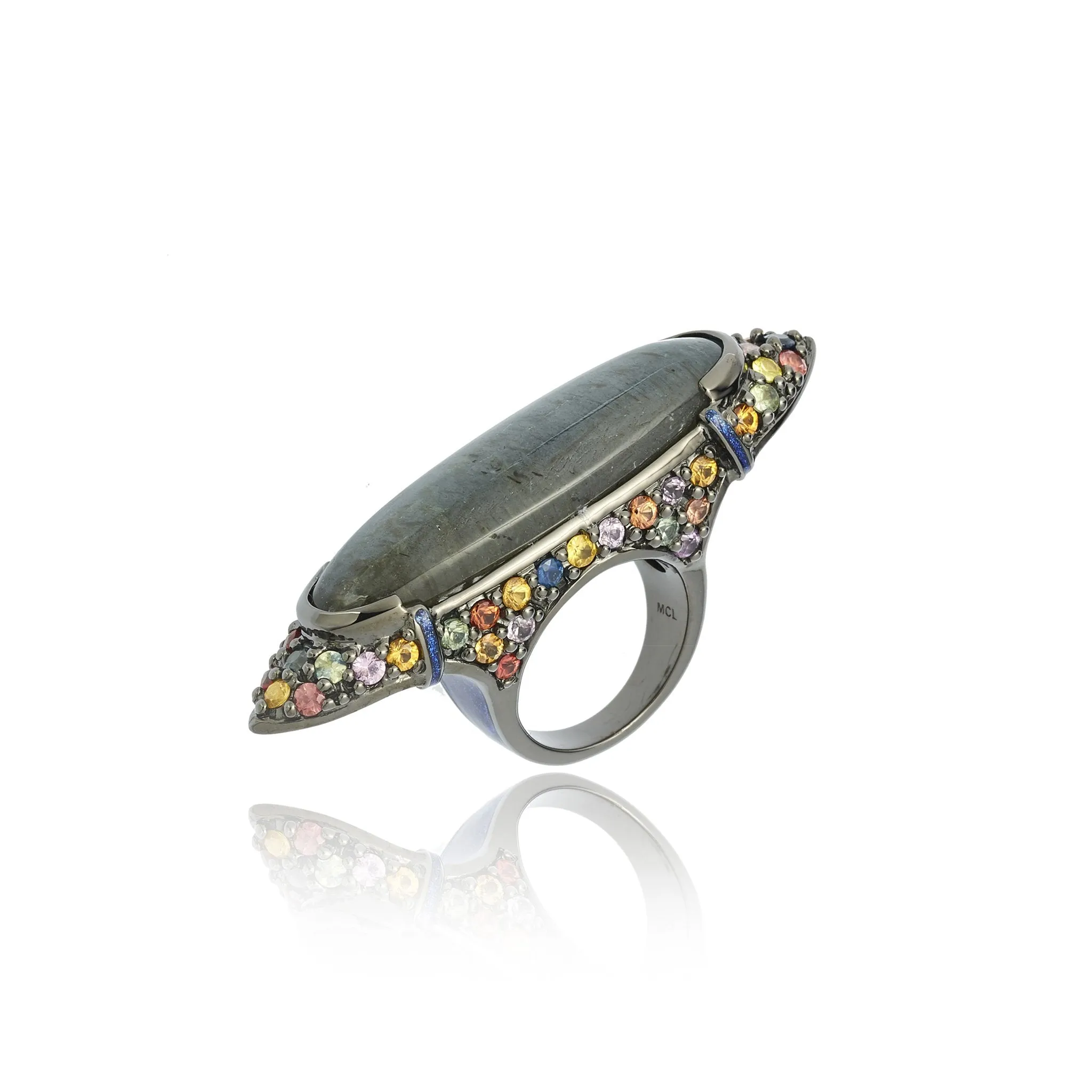 MCL Design Sterling Silver Statement Ring with Dark Purple Oil Enamel, Mixed Sapphires & Labradorite