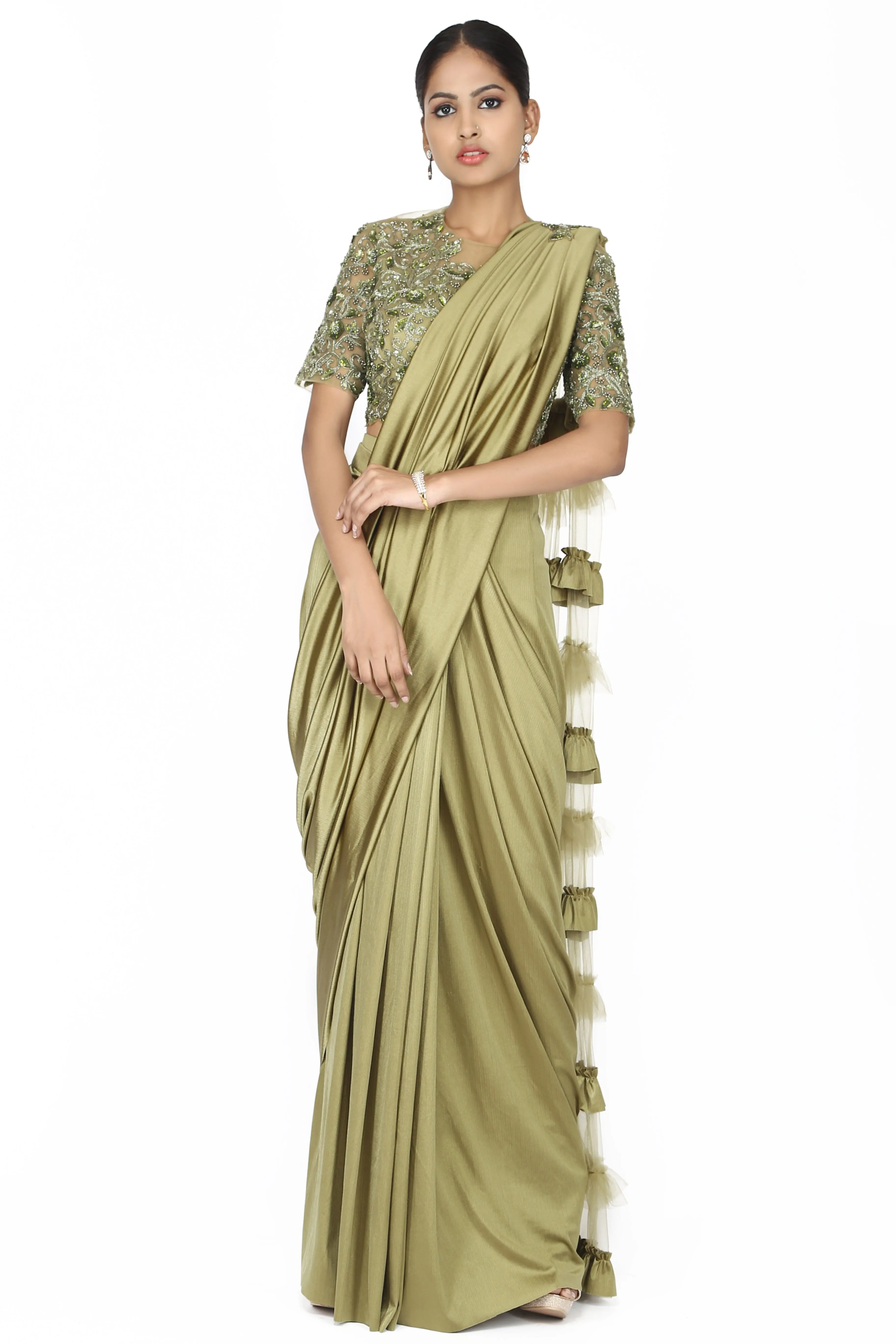 Metallic brass golden drape saree.