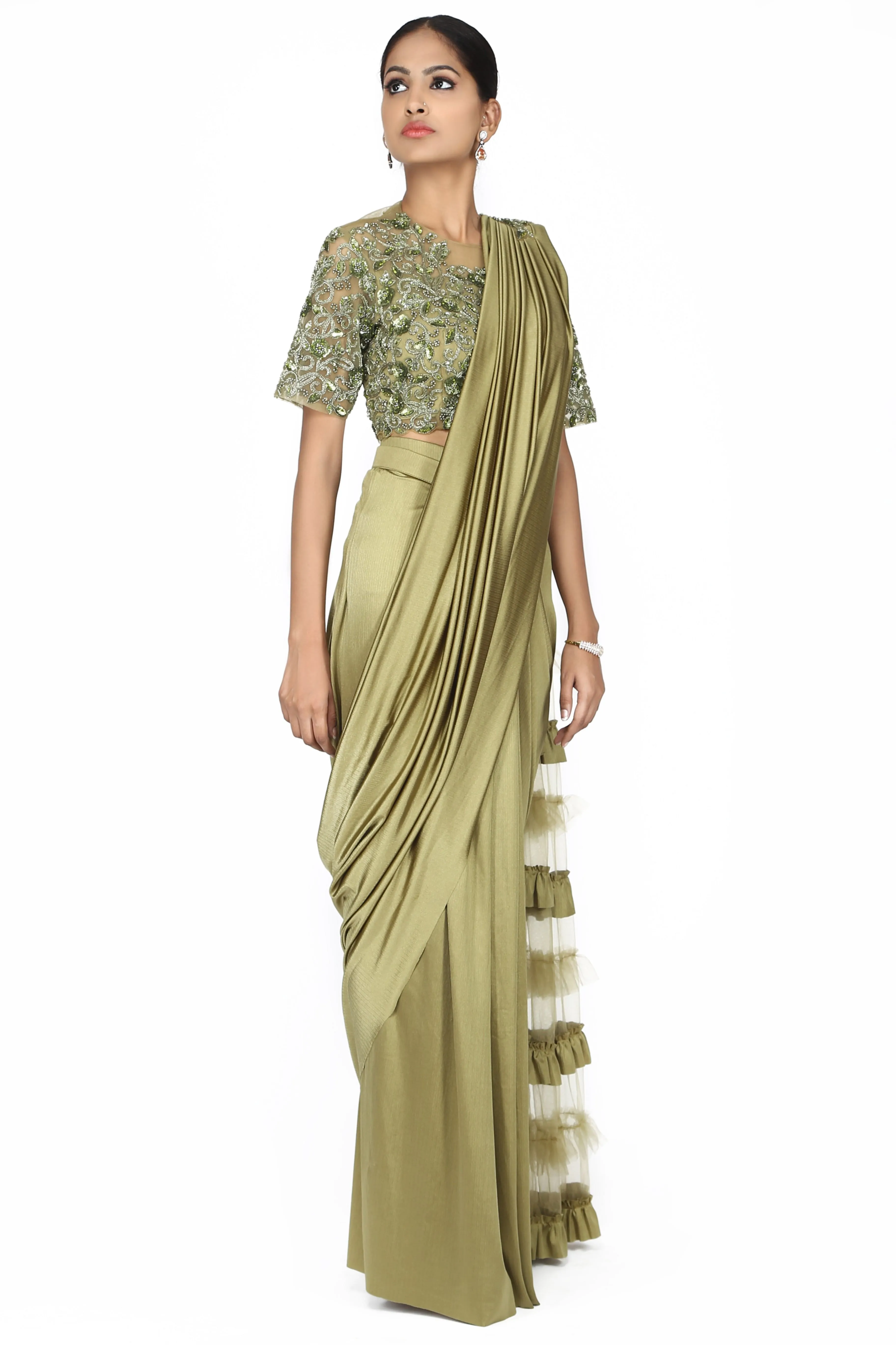 Metallic brass golden drape saree.