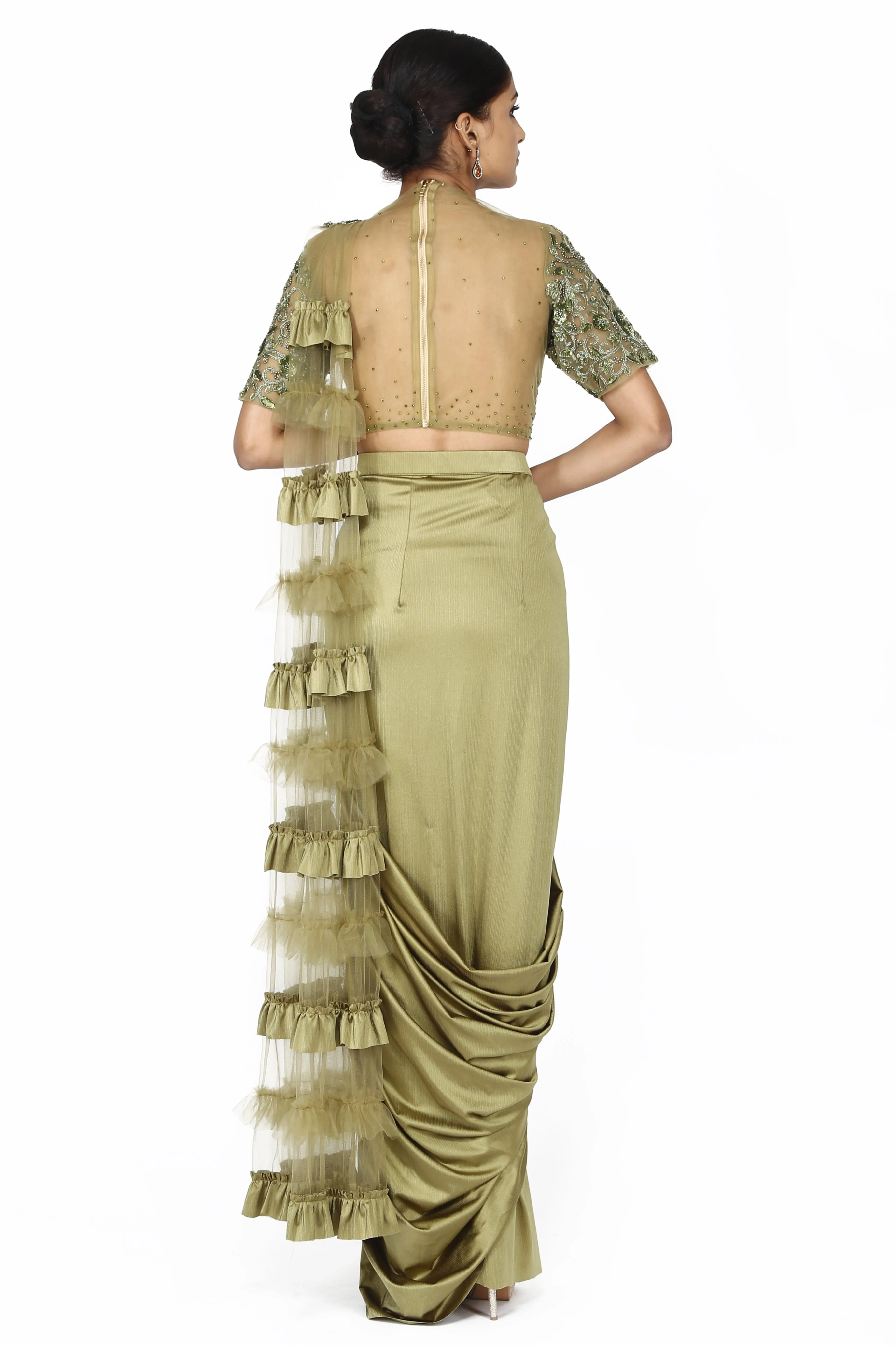 Metallic brass golden drape saree.