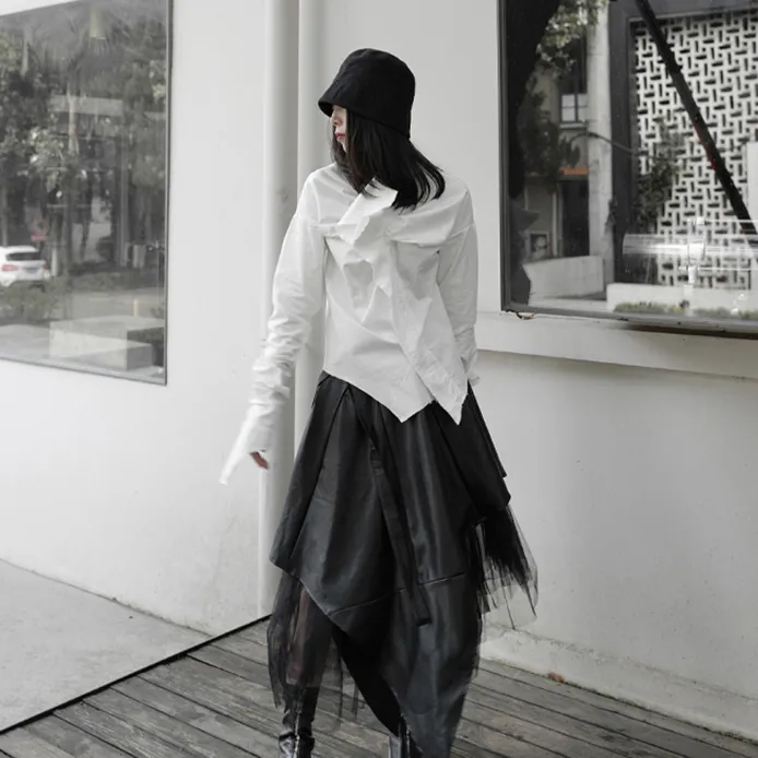 Minami Ruffle Long Sleeve Irregular Shirt - White