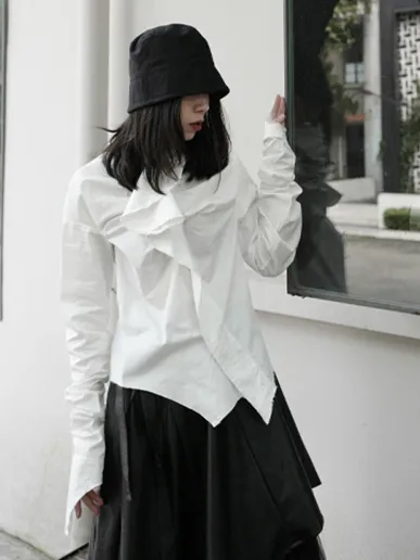 Minami Ruffle Long Sleeve Irregular Shirt - White