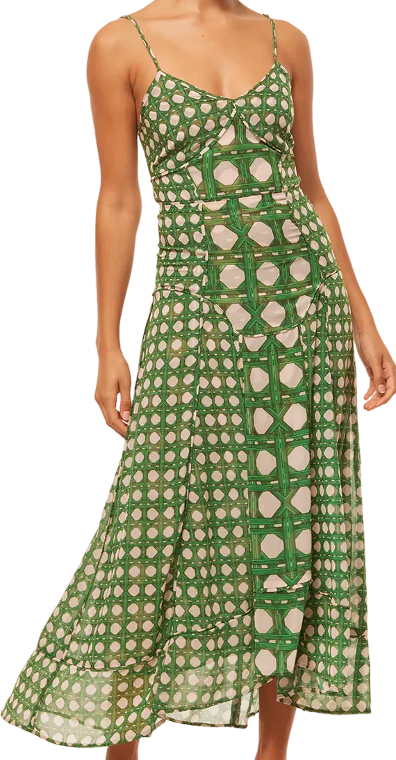 MISA Los Angeles Green Bamboo Print Cut Out Back Maxi Dress UK XS