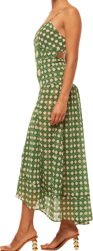 MISA Los Angeles Green Bamboo Print Cut Out Back Maxi Dress UK XS