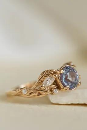 Natural lavender sapphire engagement ring, gold leaves ring with diamonds / Patricia