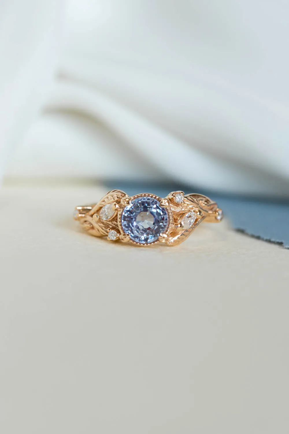 Natural lavender sapphire engagement ring, gold leaves ring with diamonds / Patricia