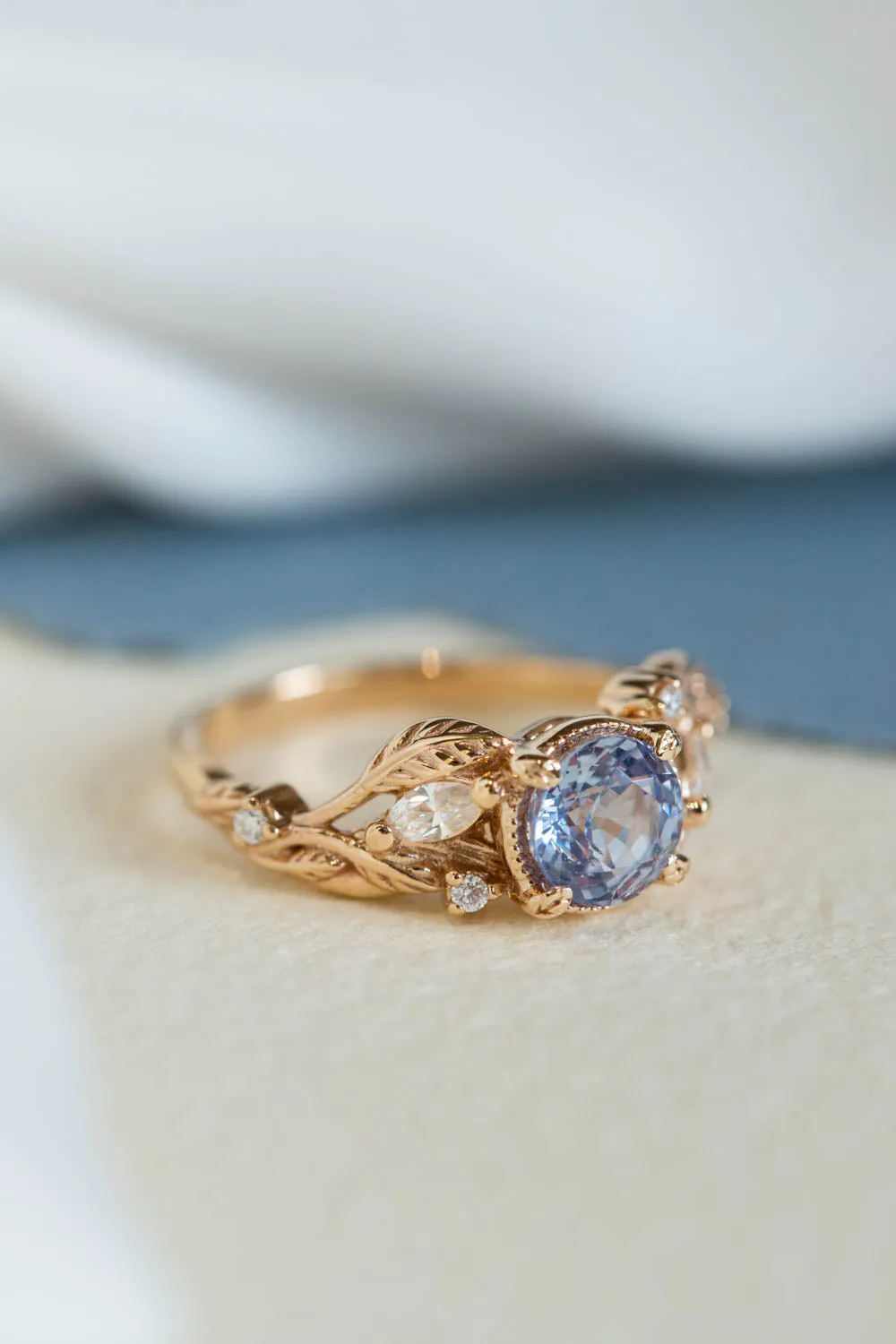 Natural lavender sapphire engagement ring, gold leaves ring with diamonds / Patricia