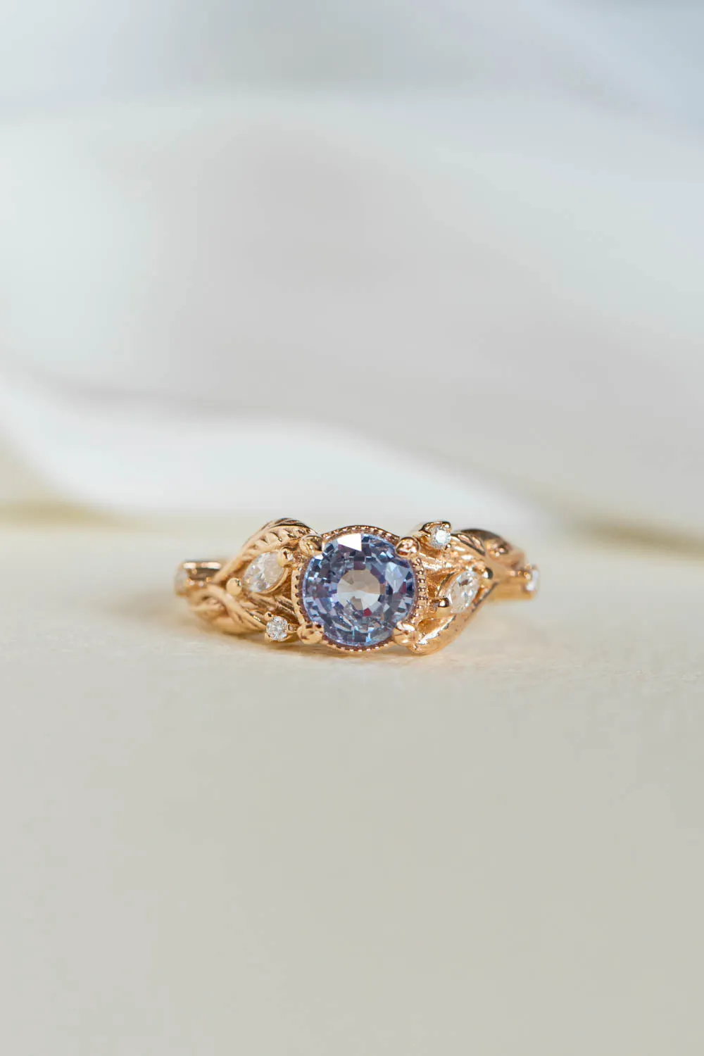 Natural lavender sapphire engagement ring, gold leaves ring with diamonds / Patricia