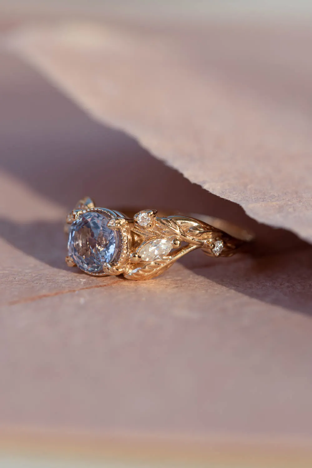 Natural lavender sapphire engagement ring, gold leaves ring with diamonds / Patricia