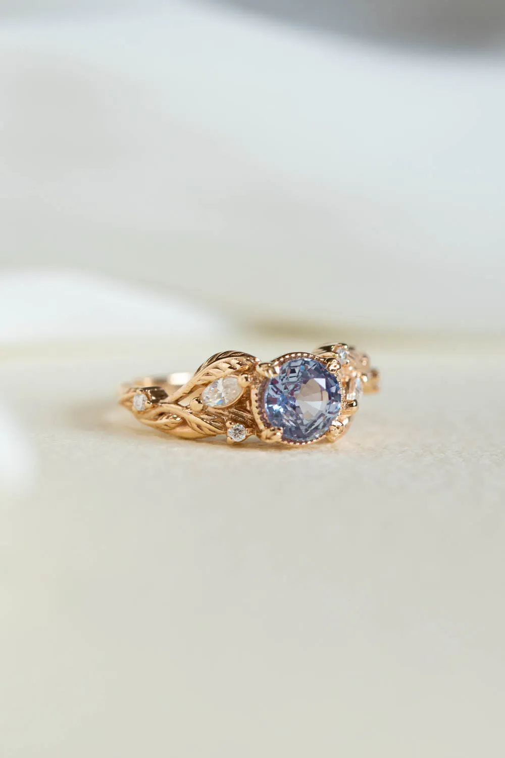 Natural lavender sapphire engagement ring, gold leaves ring with diamonds / Patricia