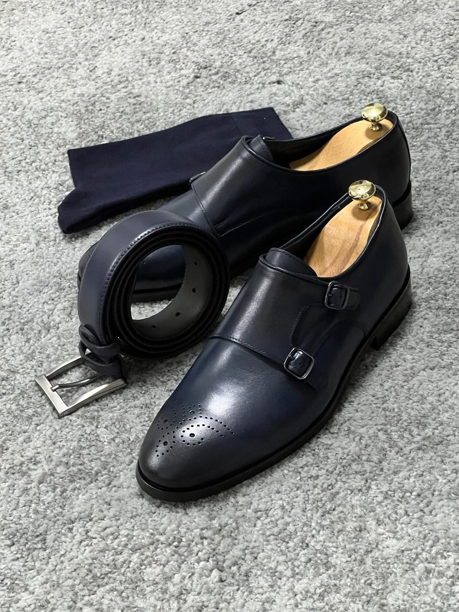 Neolite Sole Double Monk Strap Navy Blue Classic Shoes