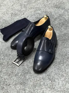 Neolite Sole Double Monk Strap Navy Blue Classic Shoes