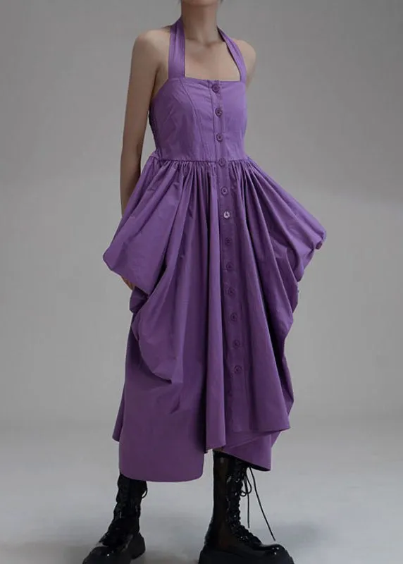 New Purple Asymmetrical Wrinkled Button Cotton Long Dress Sleeveless AB1033