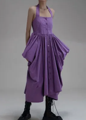 New Purple Asymmetrical Wrinkled Button Cotton Long Dress Sleeveless AB1033