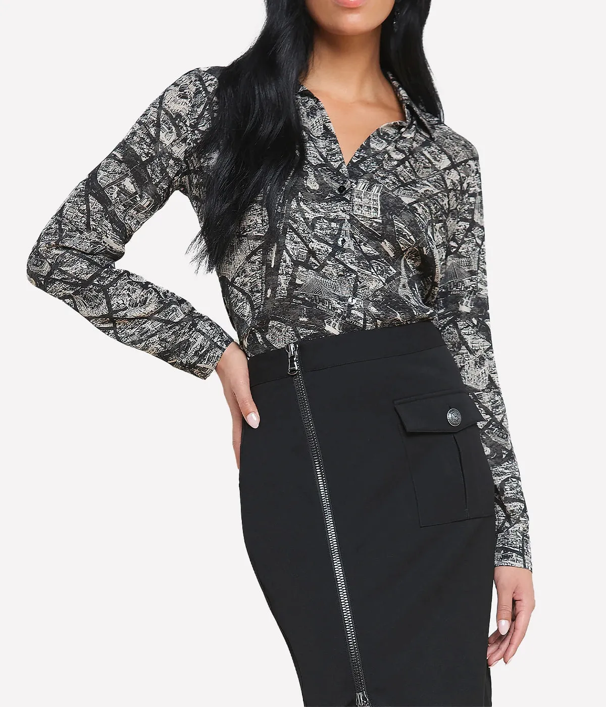 Nina Longsleeve Blouse in Black Ecru Map of Paris