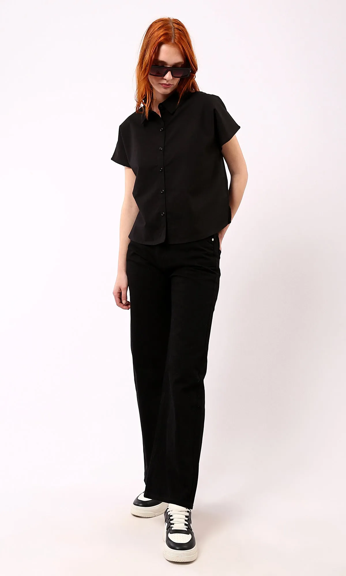 O179201 Summer Black Short Shirt With Turn Down Collar