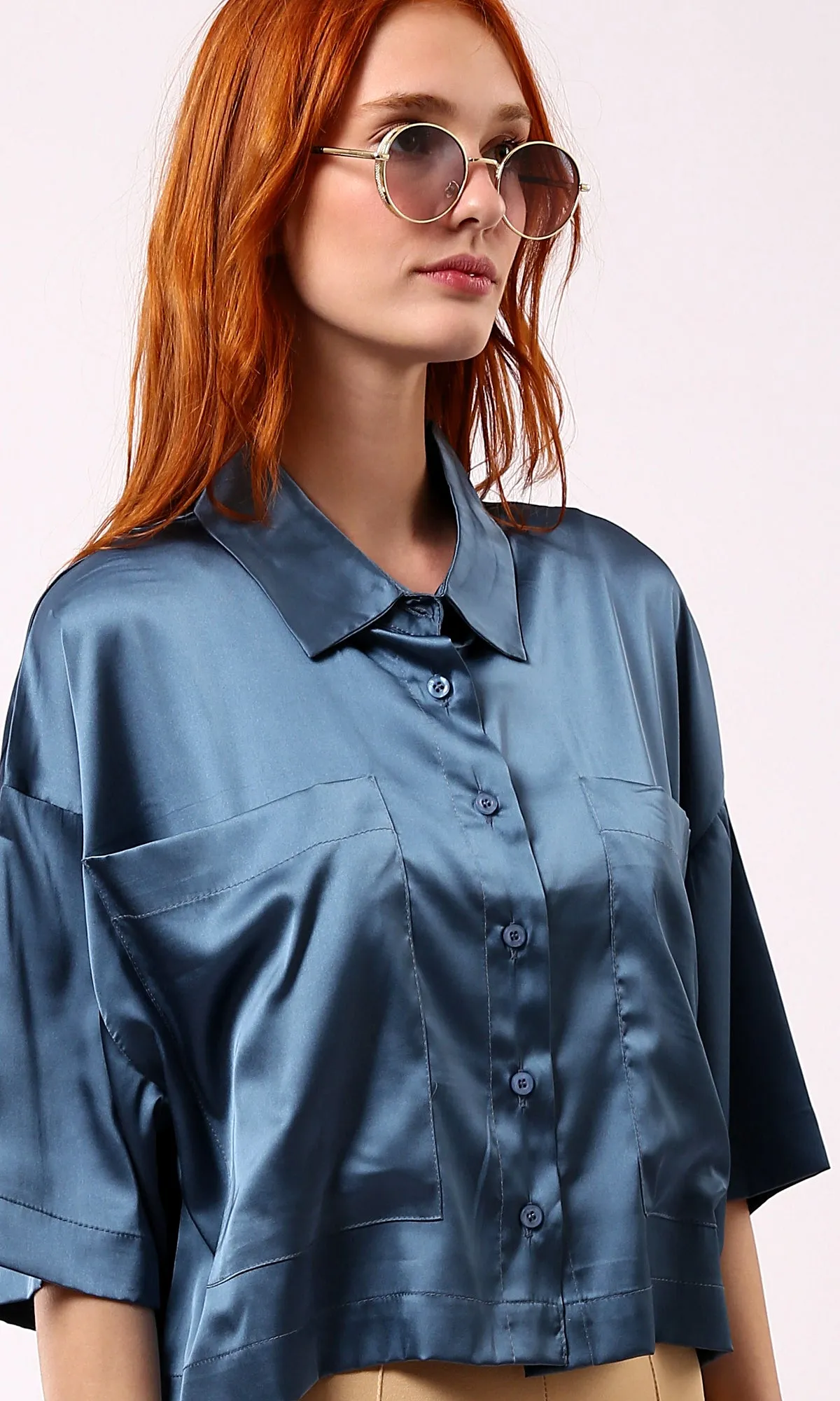 O182043 Turn Down Collar Steel Blue Shiny Shirt