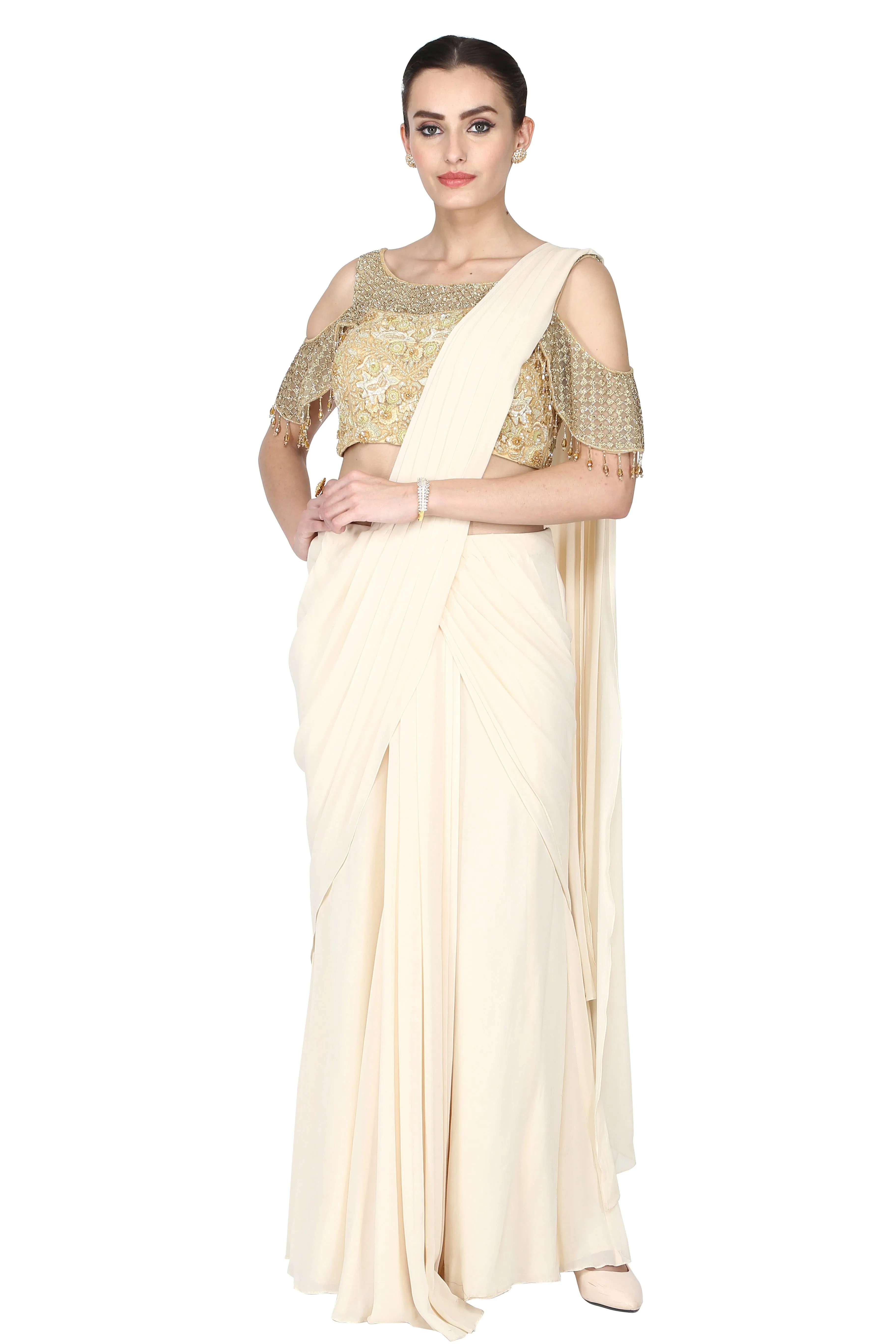 Off-white pre-drape saree with cold sleeves set.