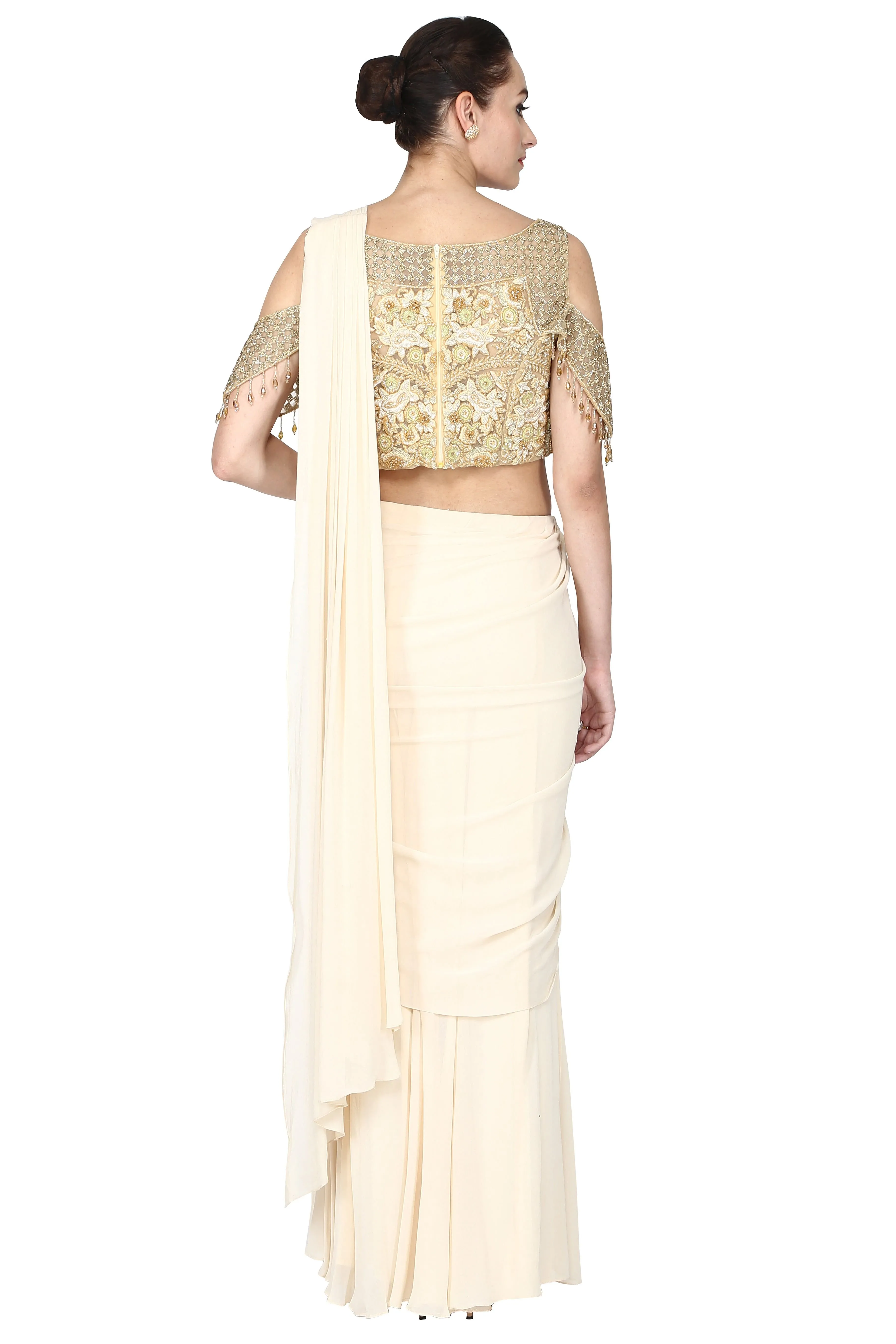 Off-white pre-drape saree with cold sleeves set.