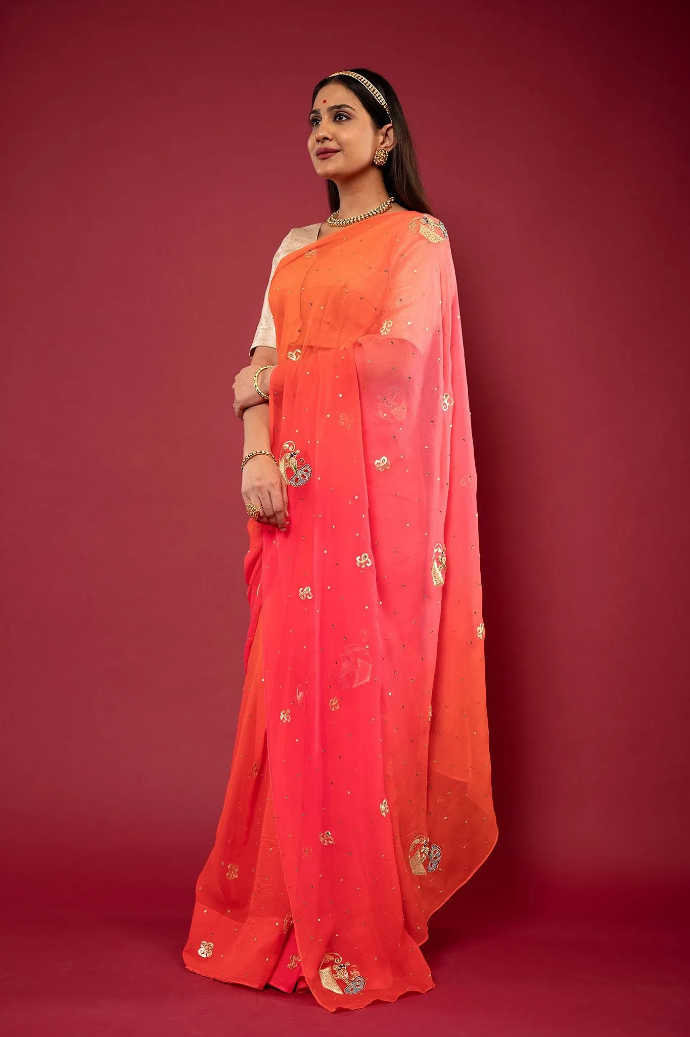 Orange Shaded Real Silver work Saree