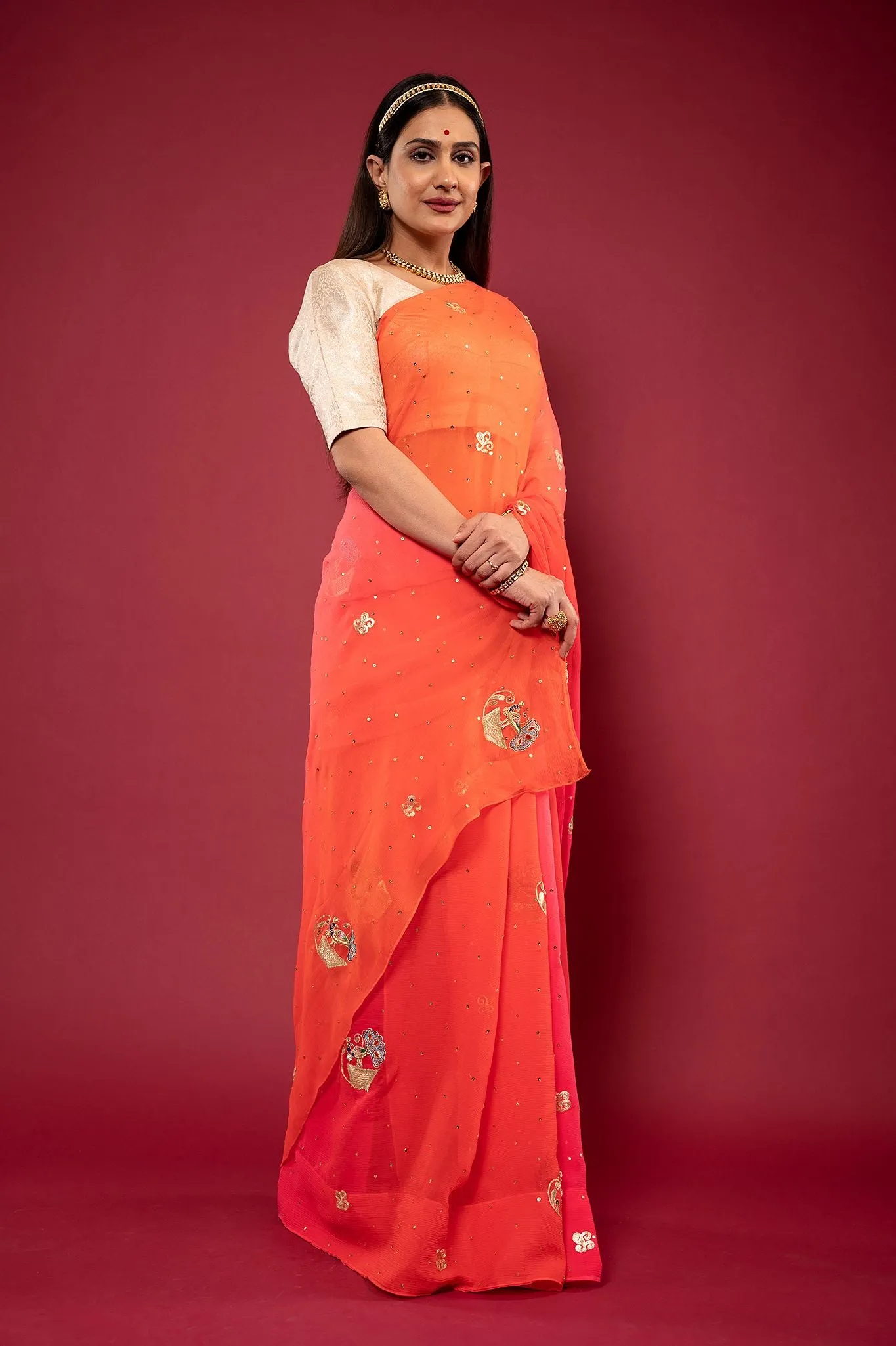 Orange Shaded Real Silver work Saree