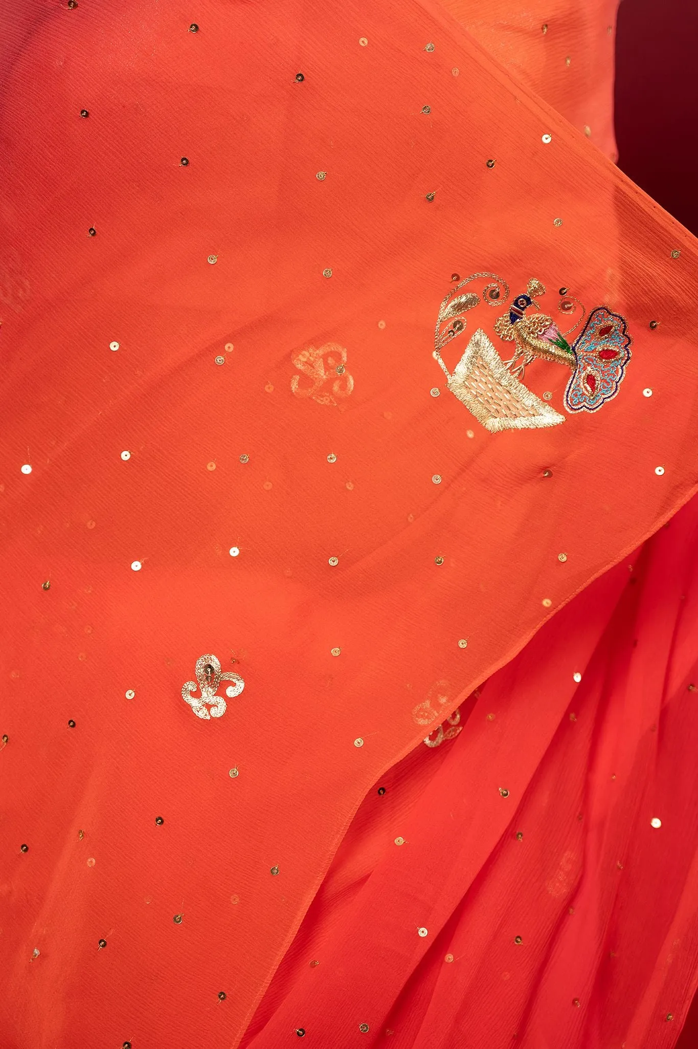 Orange Shaded Real Silver work Saree