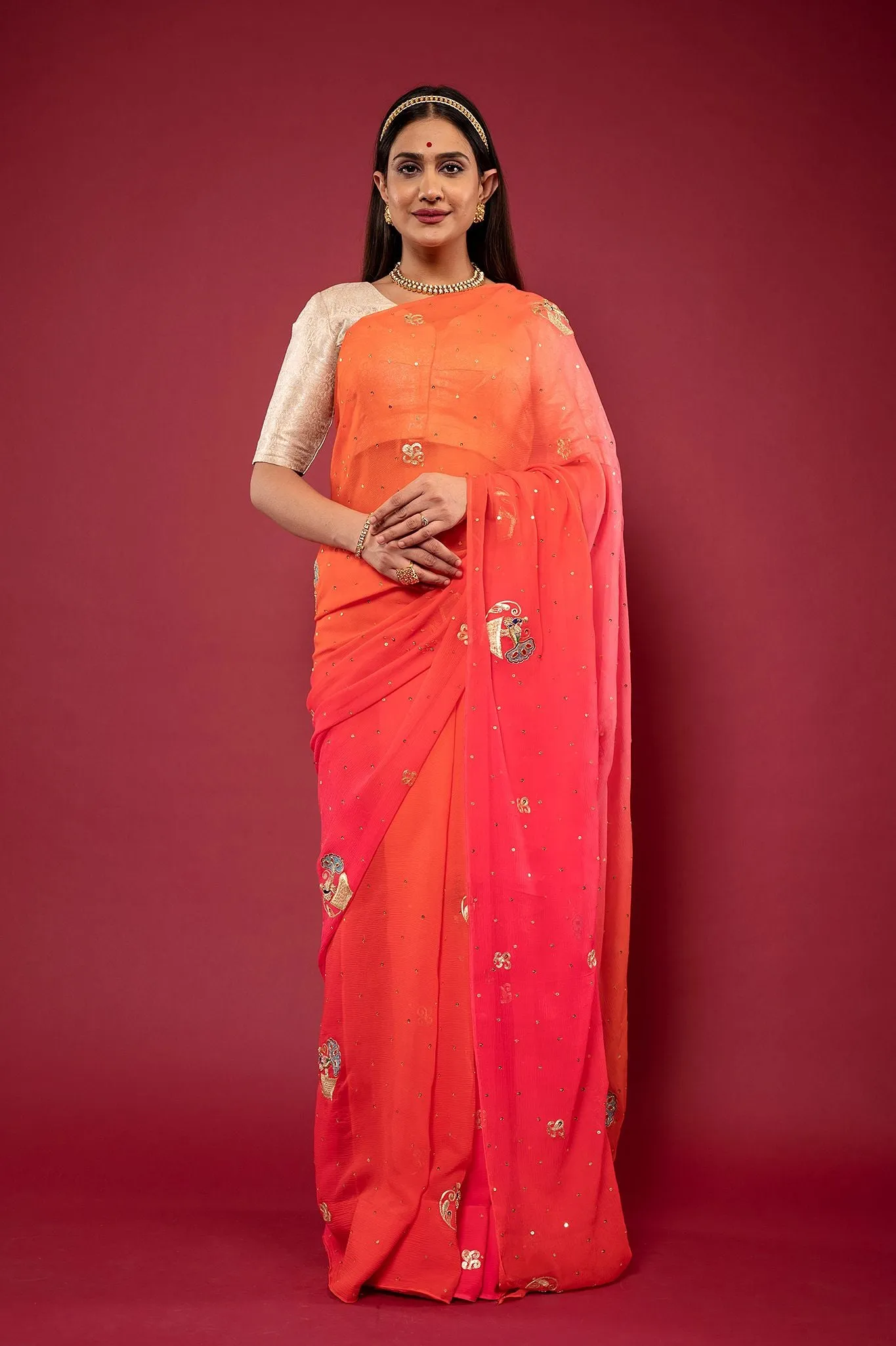 Orange Shaded Real Silver work Saree