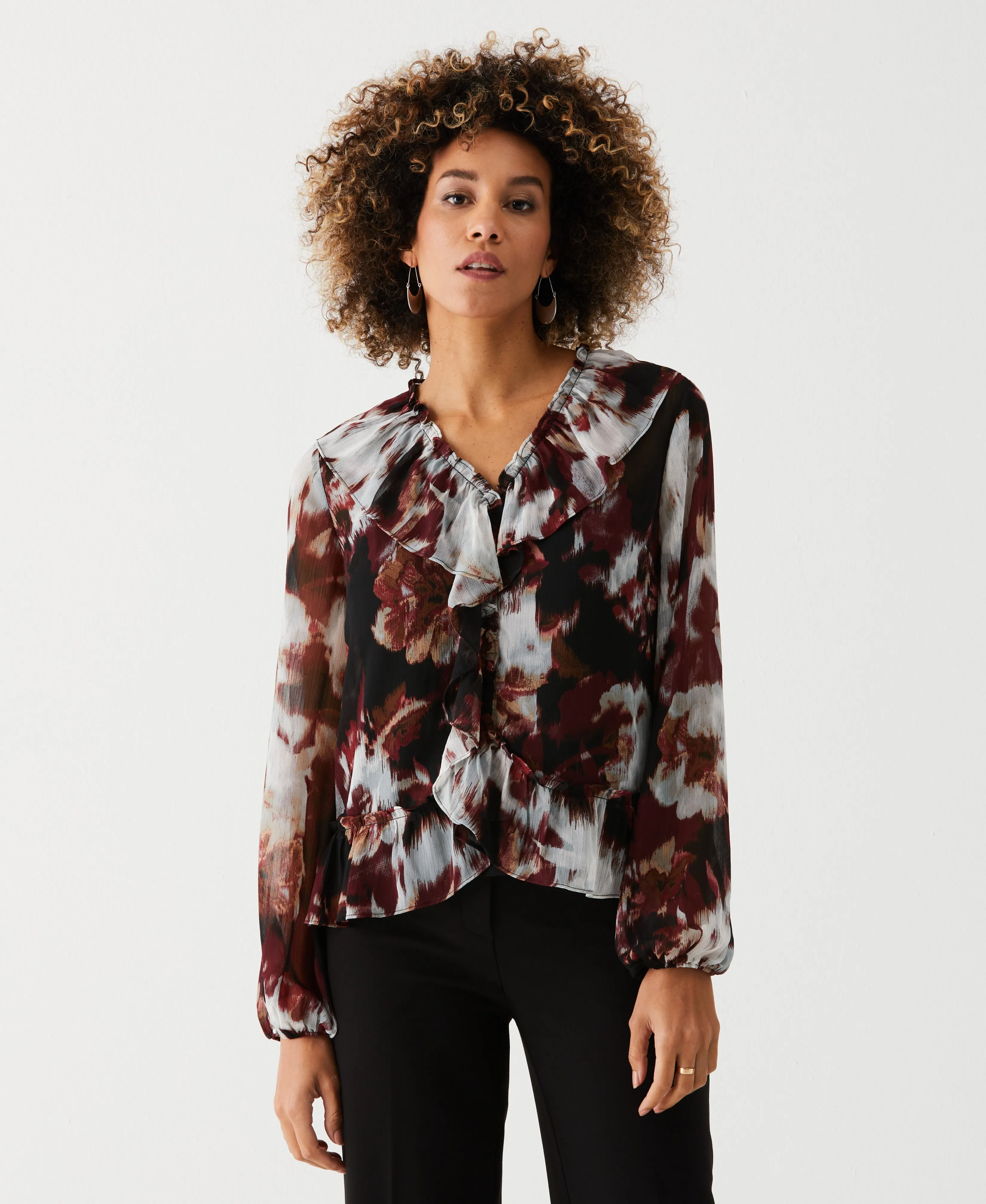 Petite Printed V-Neck Ruffle Blouse