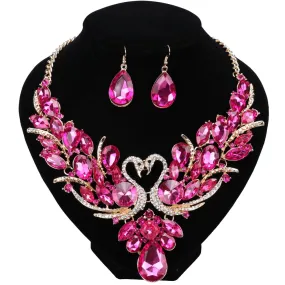 Pink Crystal Double Swan Necklace & Earrings Wedding Statement Jewelry Set