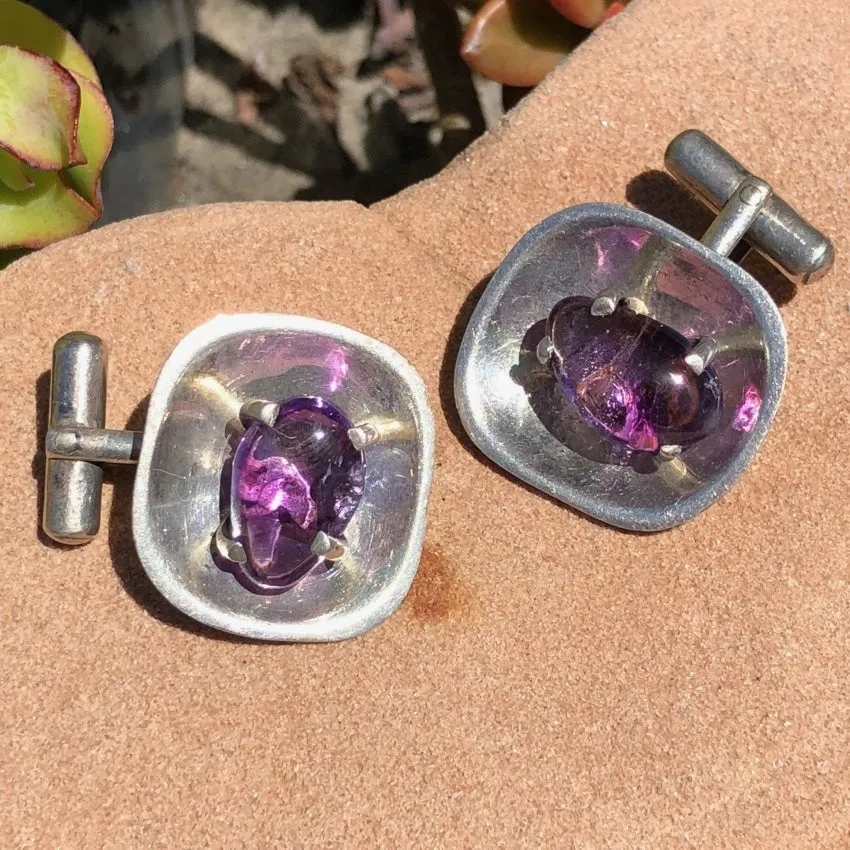 Purple Amethyst in Sterling Silver Cufflinks Taxco Mexico