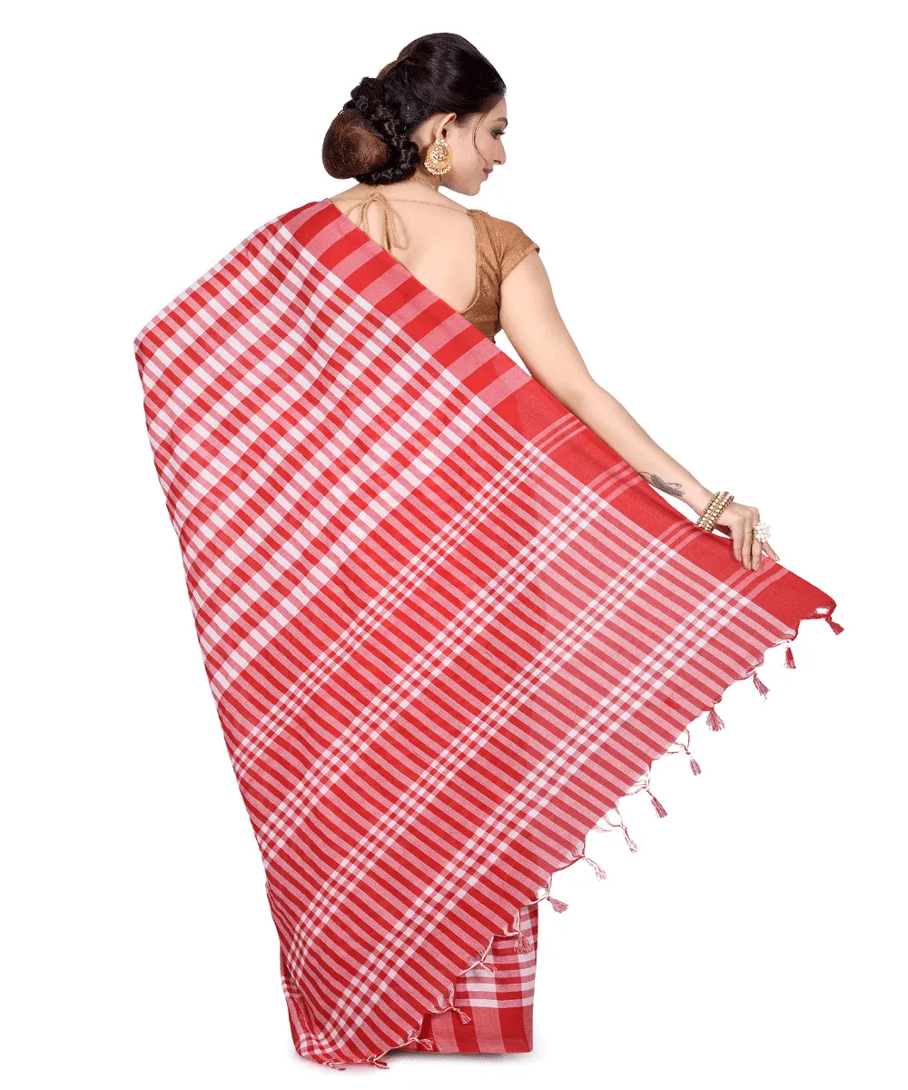 Red and White Gamcha Cotton Saree