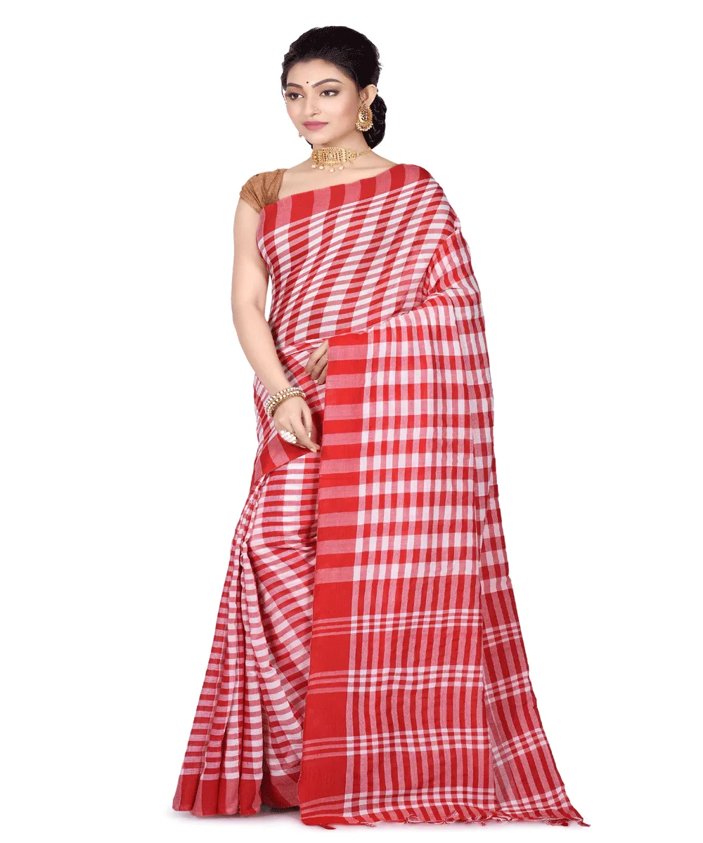 Red and White Gamcha Cotton Saree