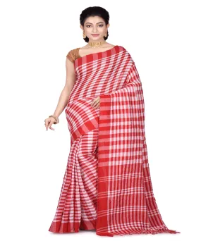 Red and White Gamcha Cotton Saree