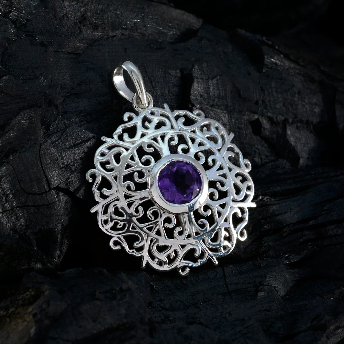 Riyo Fanciable Gemstone Round Faceted Purple Amethyst Sterling Silver Pendant Gift For Friend