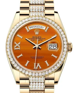 ROLEX DAY-DATE 36 PRESIDENT YELLOW GOLD CARNELIAN ORANGE DIAMOND DIAL 128238 WITH PRESIDENT YELLOW GOLD SEMI DIAMONDs OYSTER BRACELET