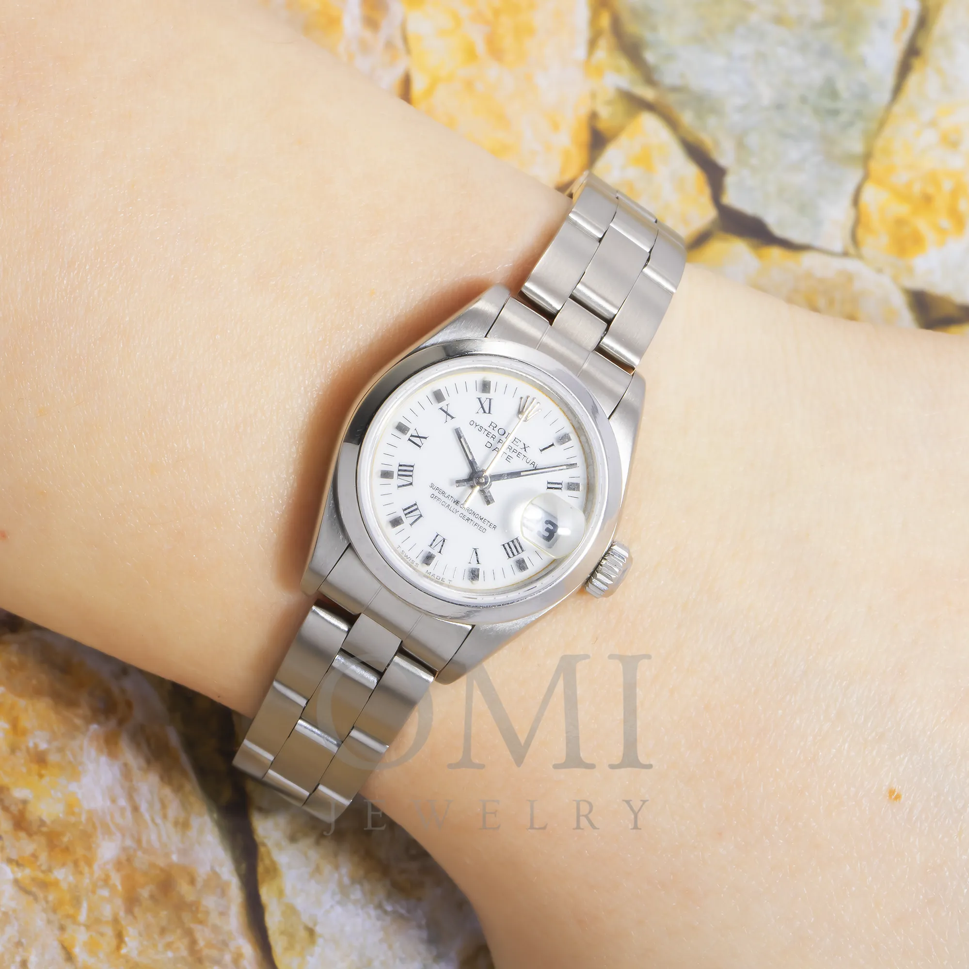 ROLEX OYSTER PERPETUAL LADY DATE 69160 26MM WHITE ROMAN NUMERAL DIAL WITH STAINLESS STEEL OYSTER BRACELET