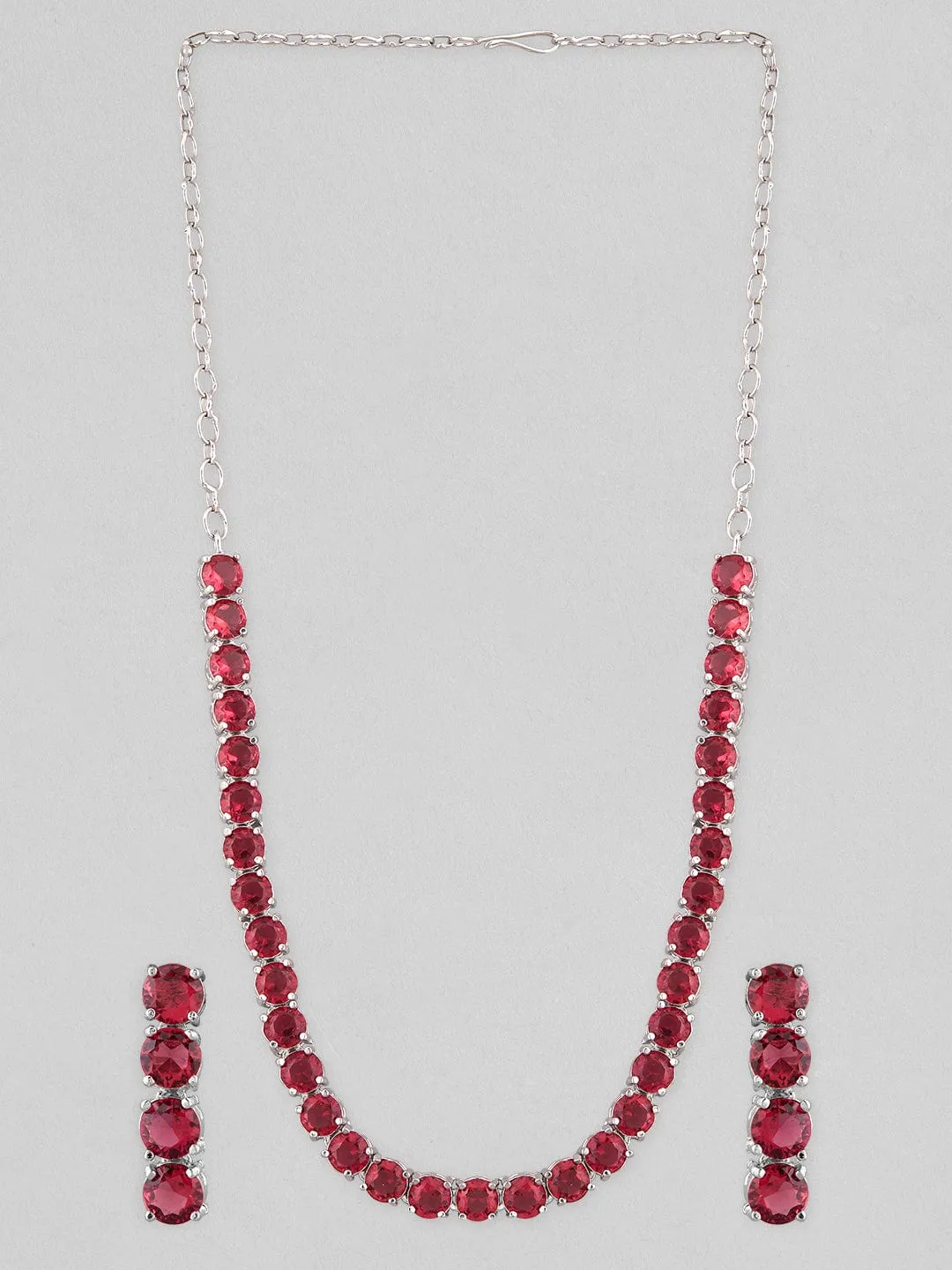 Rubans Silver Plated Long Necklace Set With Studded Pink Stones