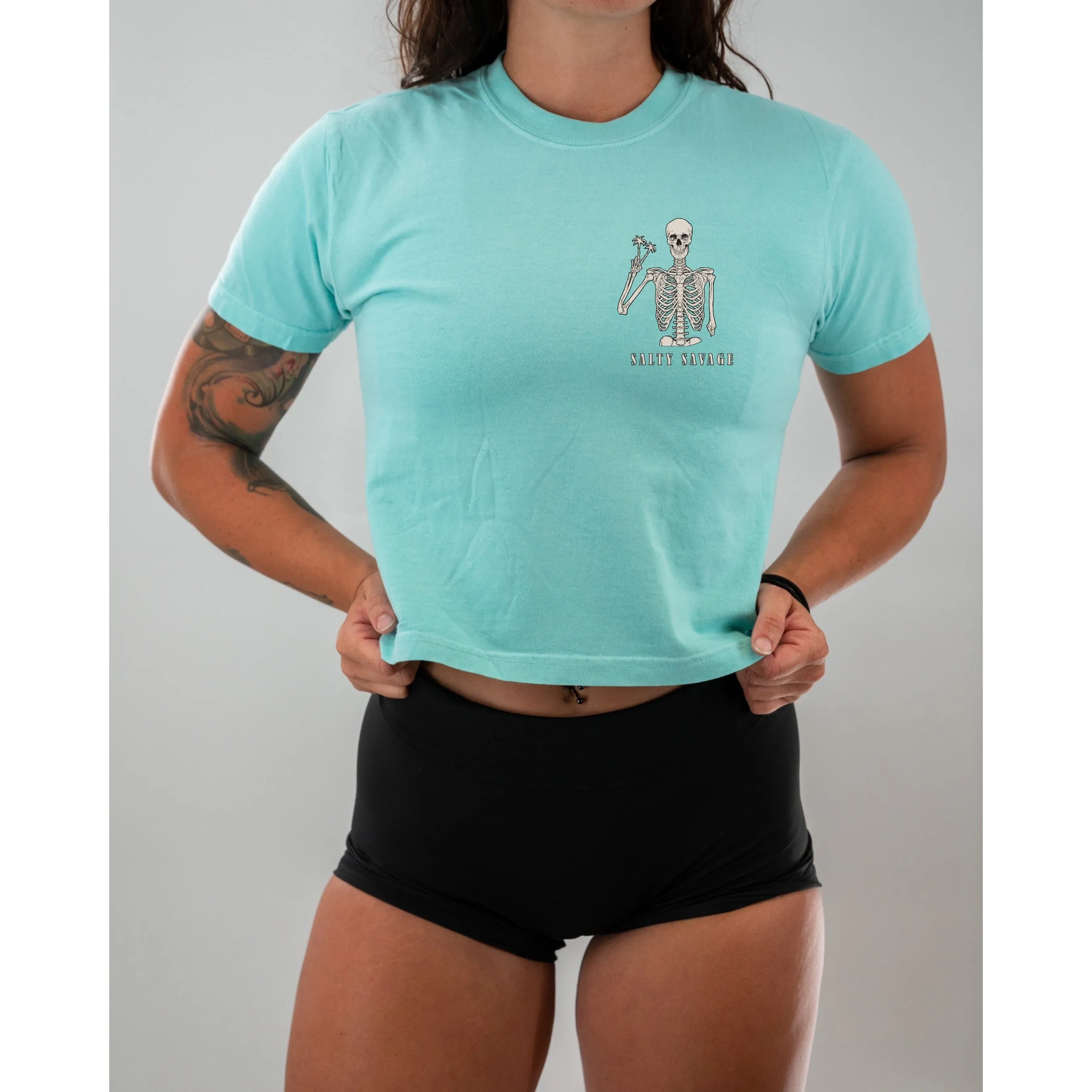 Salty Savage Ladies "Peace Skeleton" Mineral Washed Crop Tee | Basic