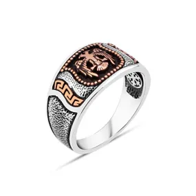 Seljuk Eagle on Wedding Band Silver Men's Ring with Pointed Texture