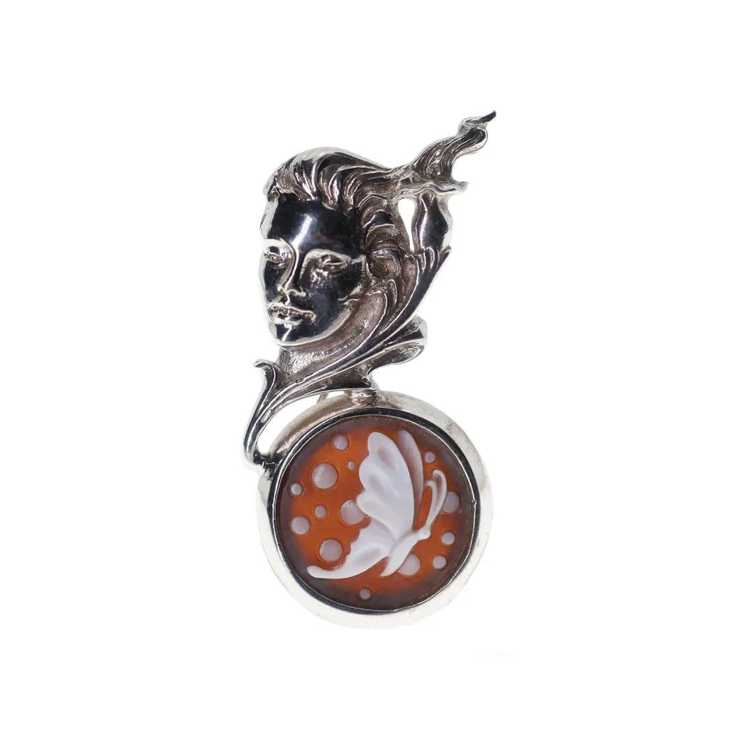 Silver State Lady with Flowing Hair Butterfly Cameo Brooch