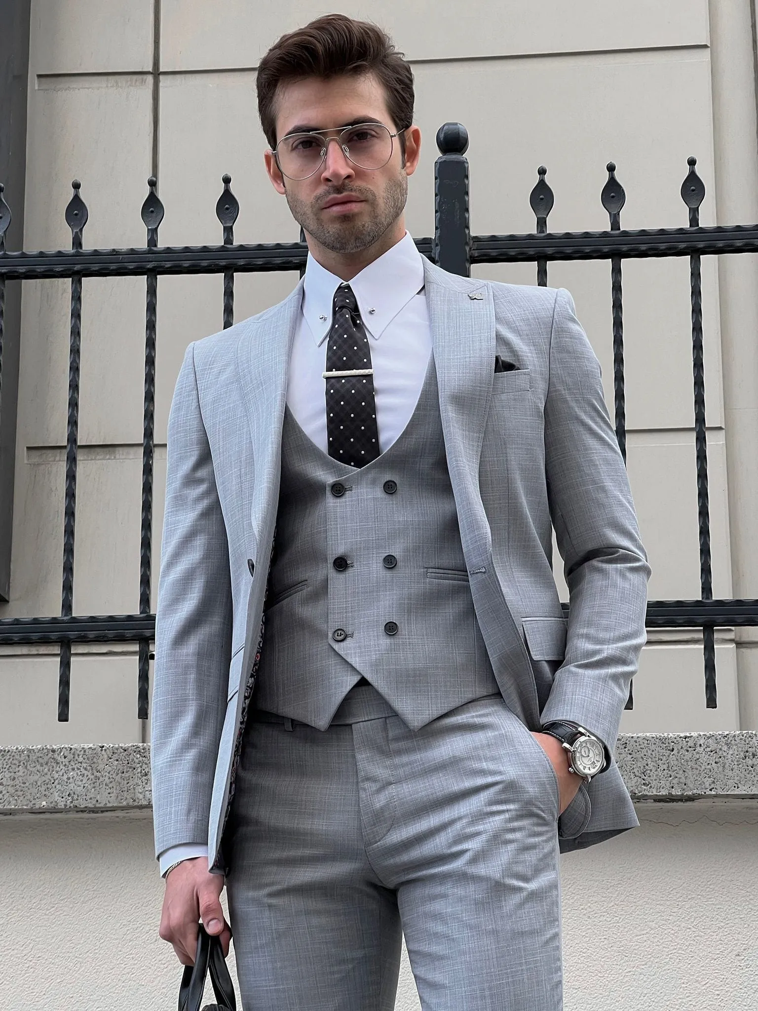 Slim Fit Pointed Collar Vest Gray Business Suit