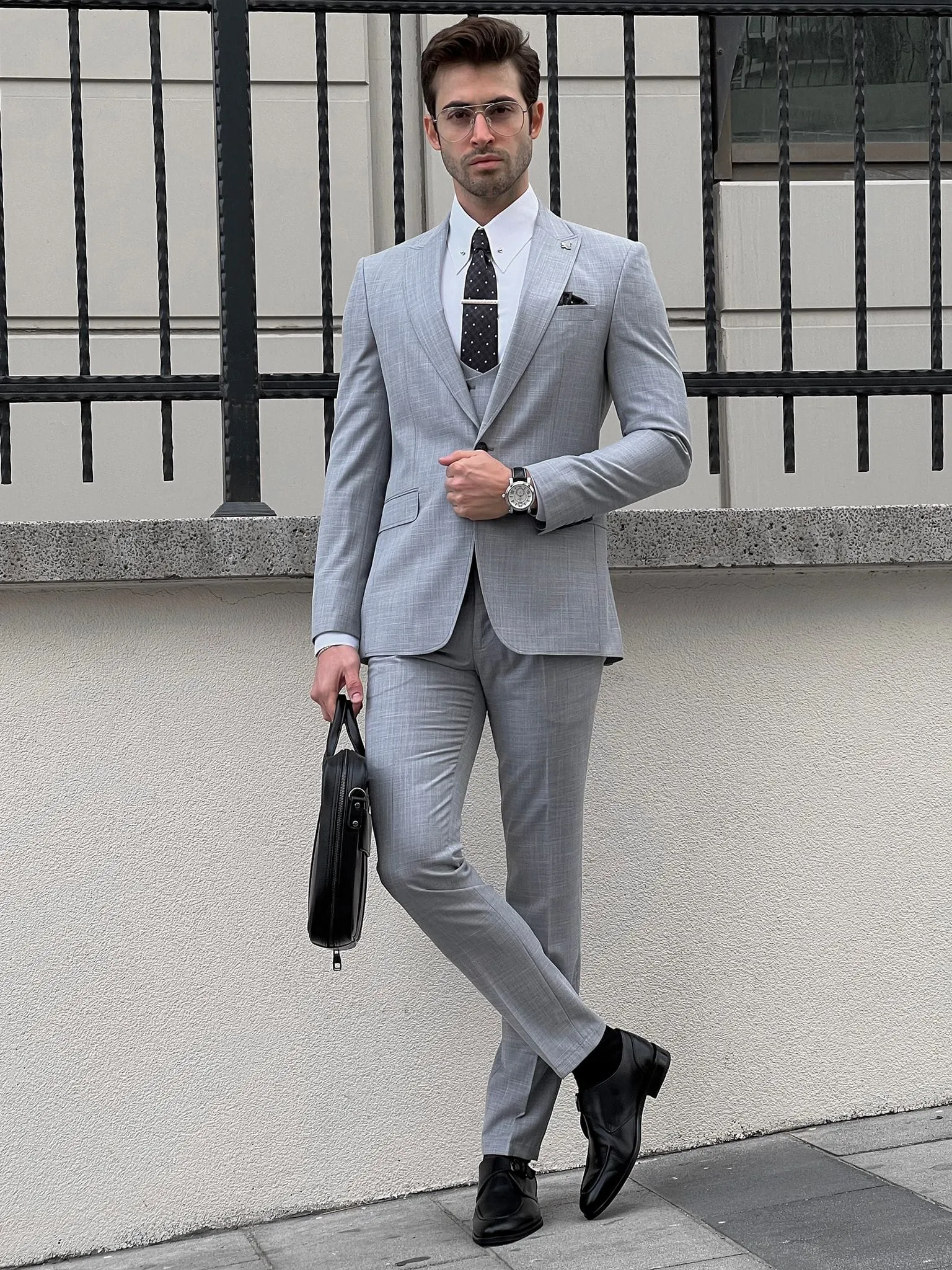 Slim Fit Pointed Collar Vest Gray Business Suit